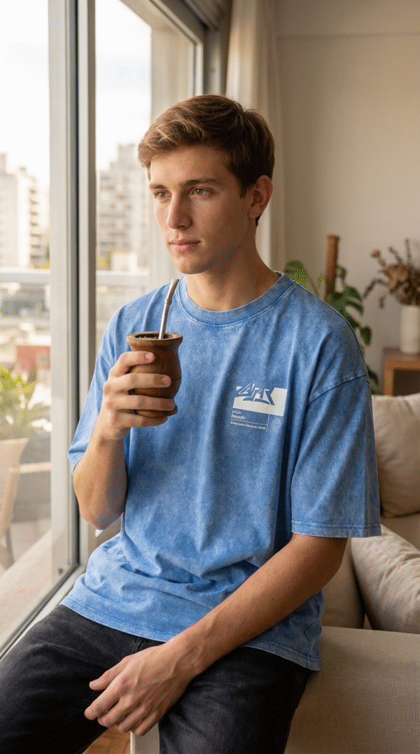 firefly gemini flash realistic photo of a young male model with uruguayan features, wearing an oversized l 134598