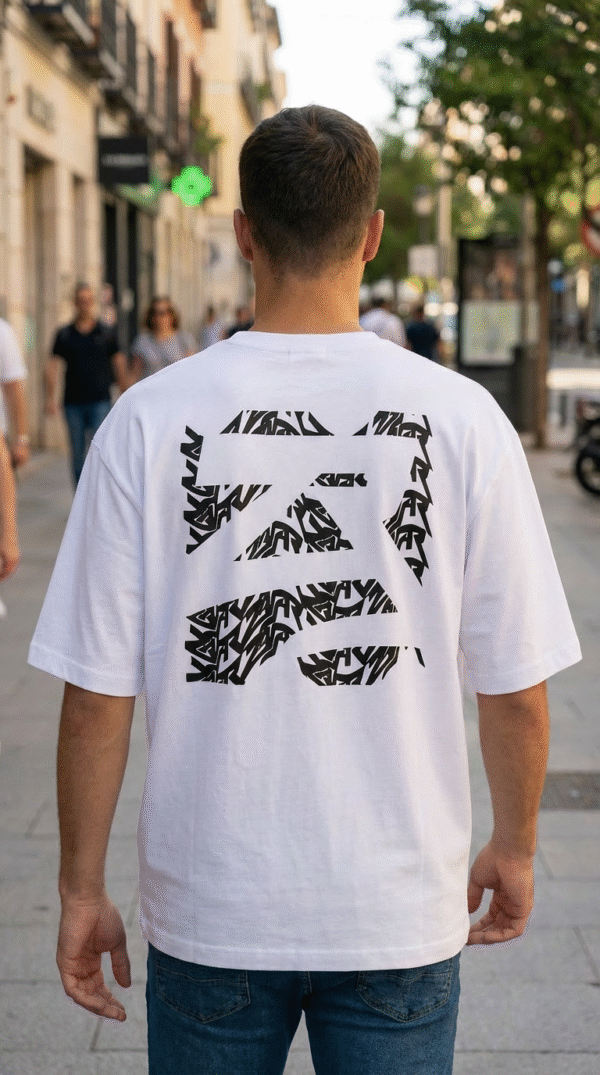 firefly gemini flash realistic photo of the same model from behind, walking in the city wearing the oversi 134598