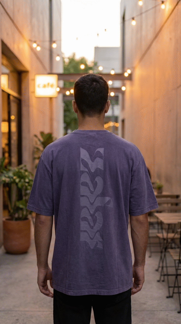 firefly gemini flash realistic photo of the same model from behind, wearing the same purple stonewash zafa 134598