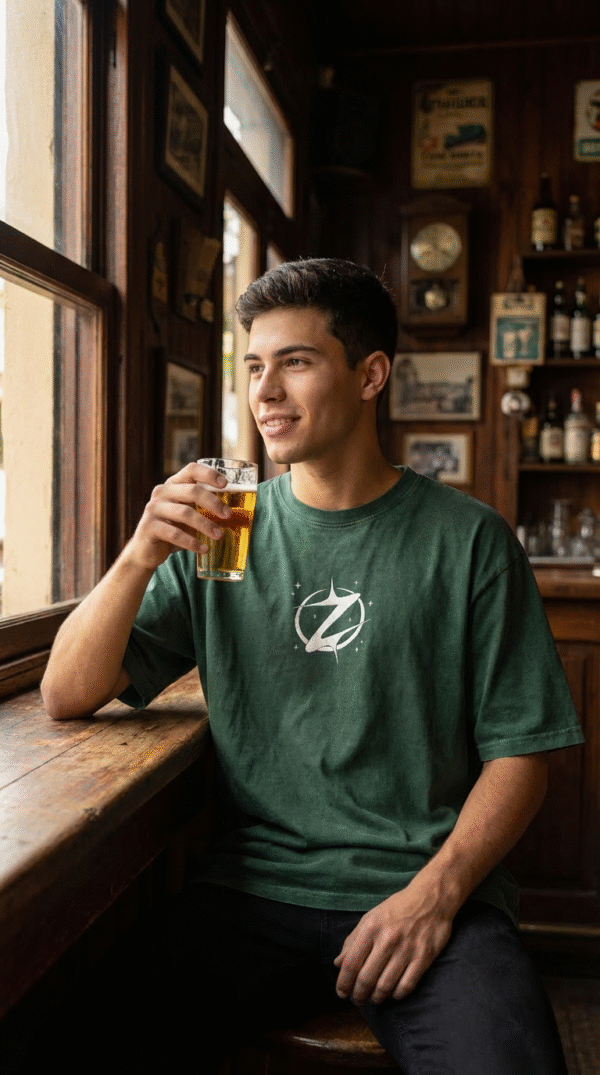 firefly gemini flash realistic photo of the same young male model wearing an oversized dark green stonewas 134598