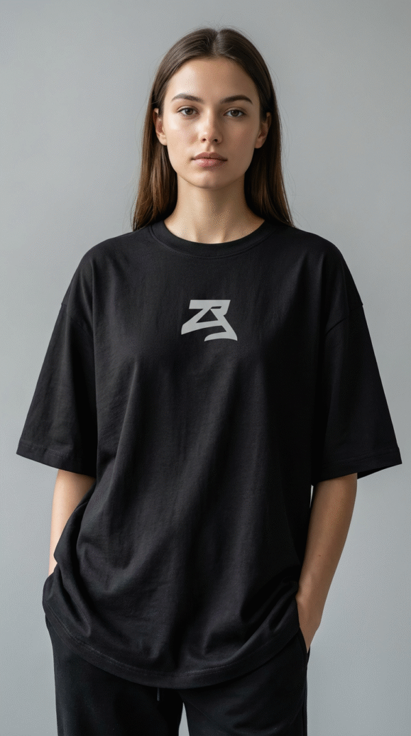 firefly gemini flash ultra realistic studio photo of a young female model wearing an oversized black t shi 134598